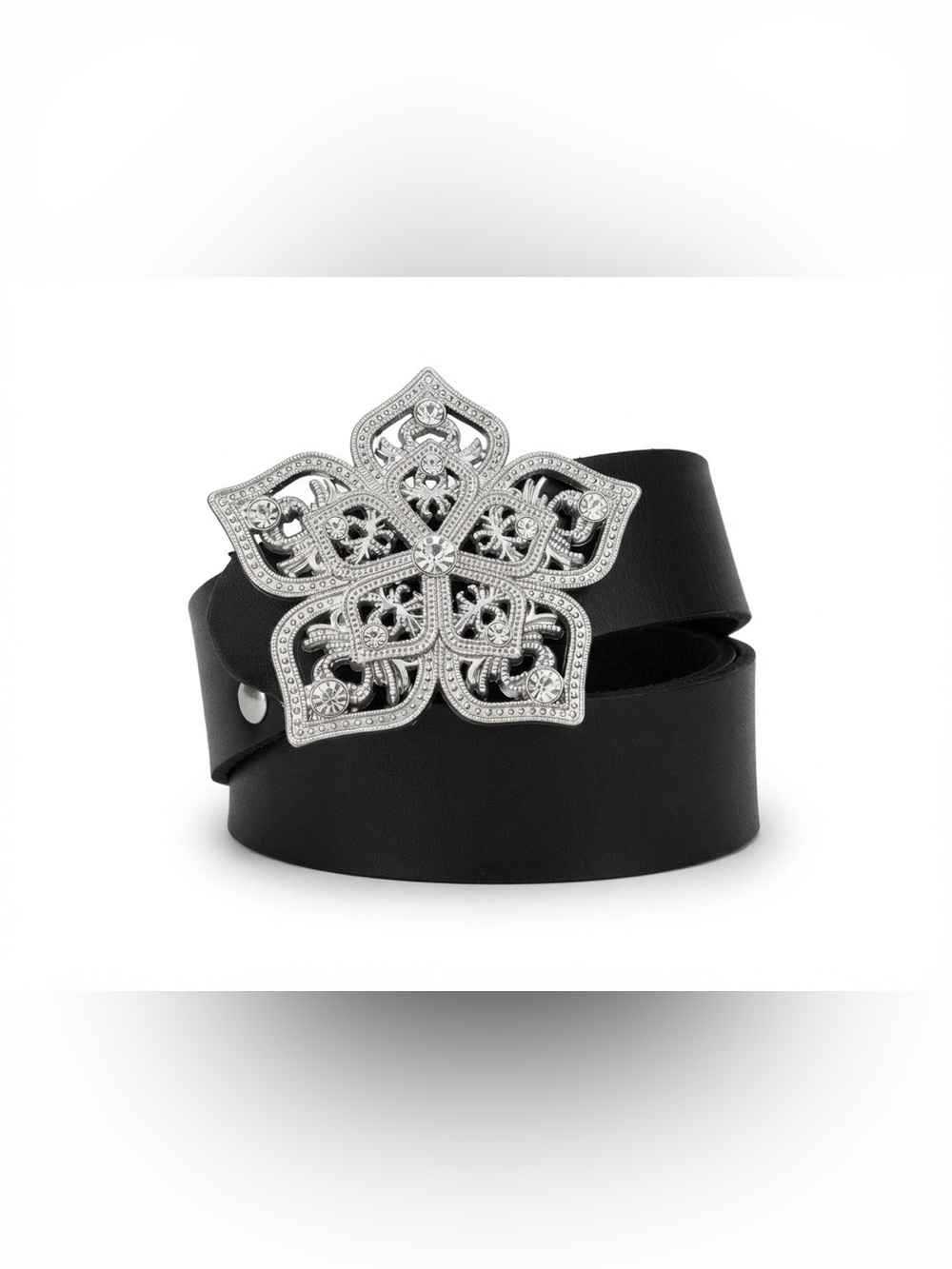 Bootlegger Black Leather Rhinestone Flower Buckle Belt Made in Canada NWOT